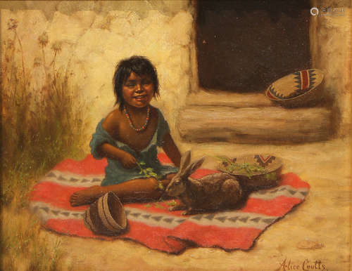 Alice Coutts (American, 1879-1973), Native American Girl with Rabbit, oil on board, signed by the