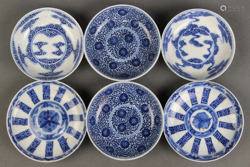 (lot of 6) Chinese underglaze blue porcelain saucers: the first pair is of clouds, base with Guangxu