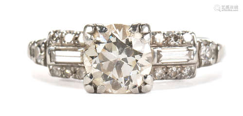 Diamond and platinum ring Featuring (1) old European-cut diamond, weighing approximately 1.10