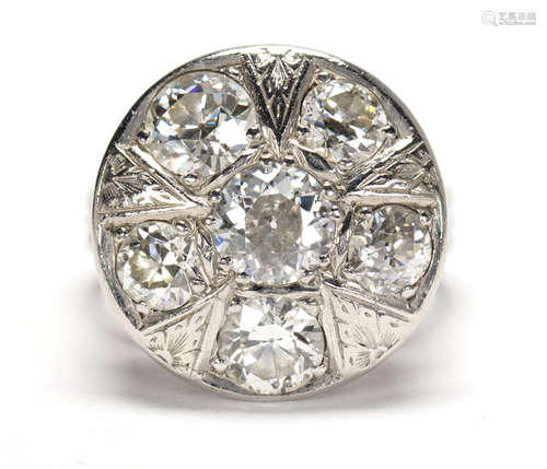 Diamond and 14k white gold ring Centering (1) old European-cut diamond, weighing approximately 1.