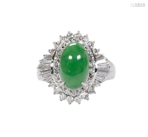 Jadeite, diamond and platinum ring Centering (1) oval jadeite cabochon, weighing 4.70 cts.,