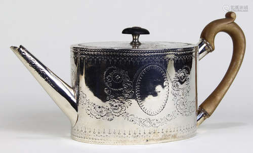 George III sterling silver teapot, London 1783, by A. Fogellay, having an ebony finial to the flat