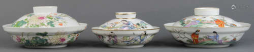 (lot of 3) Chinese enameled porcelain lidded tureens, two featuring figures in a garden; the other