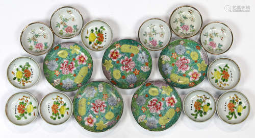 (lot of 17) Chinese porcelain dishes: five sauce dishes with various flowers; seven with a citrus