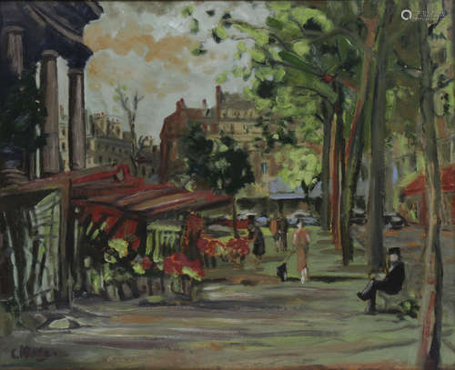 Constantine Kluge (French/Russian, 1912-2003), Untitled (Parisian Flower Vendors), oil on board,