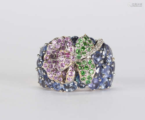 Multi-stone, diamond and 18k white gold orchid ring Designed as a polychrome orchid bloom on a