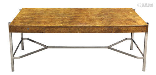 Milo Baughman for Pace Collection burled olive wood and chromed steel executive desk, circa 1971,