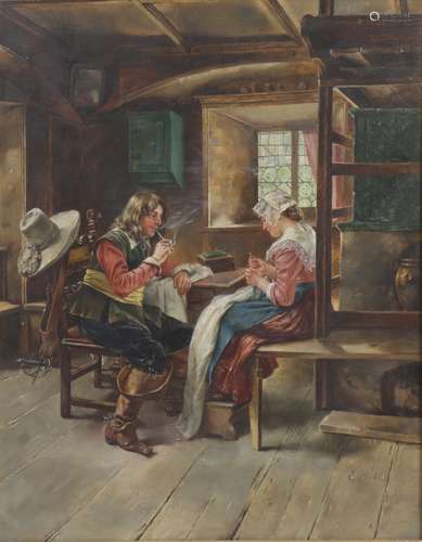 Eduard Merk (German, 1816-1888), Untitled (Interior Scene with Couple), oil on canvas, signed