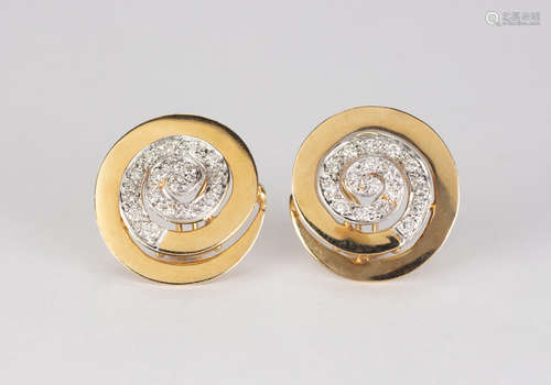 Pair of diamond and 14k yellow gold earrings Featuring (34) full-cut diamonds, weighing a total of