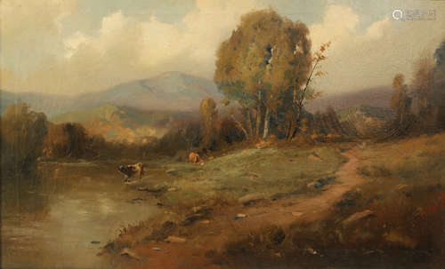 California School (20th century), Untitled (Landscape with Cows), oil on canvas board, unsigned,