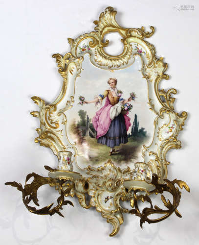 KPM porcelain wall mount plaque, mounted with 2 ormolu arms supporting single light bobeches with