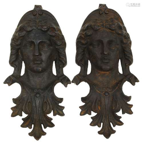 Pair of French cast iron garden ornaments, circa 1900-1920, each depicting a bust of a noblewoman,