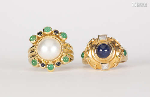 (Lot of 2) Multi-stone and yellow gold rings Including 1) mabe pearl, emerald, sapphire cabochon and