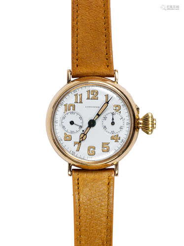 Rare Longines 14k yellow gold, monopusher wrist-chronograph Dial: white, round, luminous Arabic