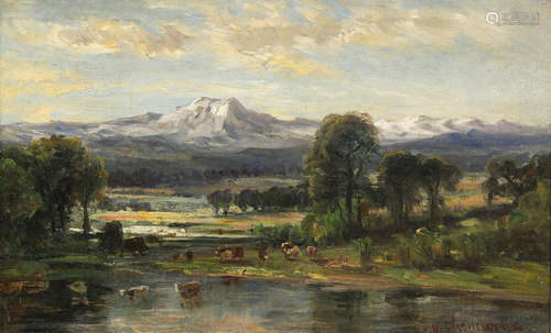 Henry Cleenewerck (American, 1818-1901), Mountain River Landscape with Cattle, oil on canvas, signed