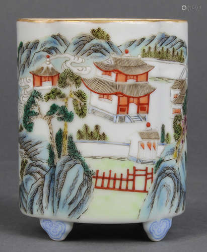 Chinese porcelain brush pot, of lobe form entitled 'Bailu Gudong' enameled with a pavilion