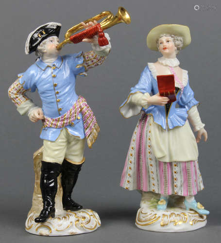 (lot of 2) Meissen porcelain figural groups, one with a three-cornered hat and playing a trumpet,