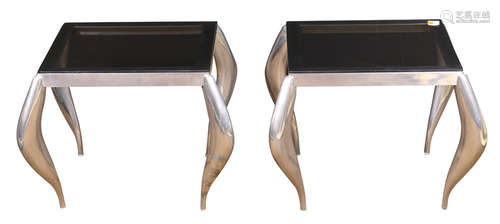 Pair of Jordan Mozer style polished aluminum and smoked glass occasional tables, each having a