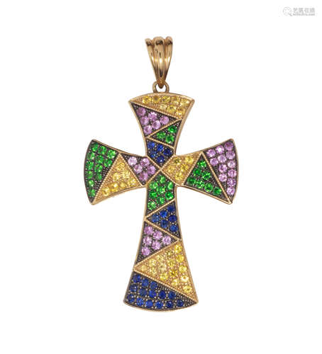 Multi-stone and 14k yellow gold cross pendant Designed as a cross, featuring (29) pink, (35)