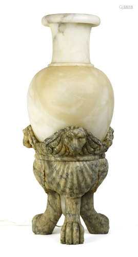 Continental alabaster and marble table lamp, of urn form, having lion form reserves, and rising on