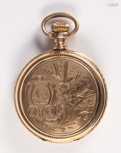 14k yellow gold hunting case pocket watch Dial; round, white, black Roman numeral hour markers,