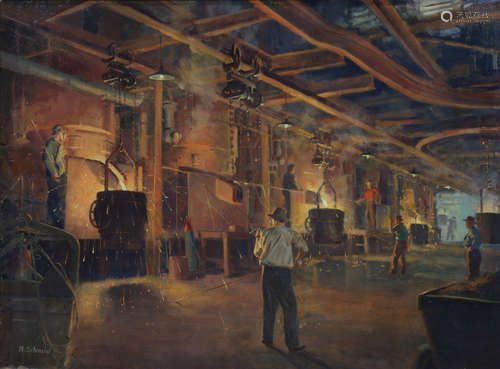 Rudolf Schmid (American, b. 1896), Industrial Smelting Scene with Figures, oil on board, signed