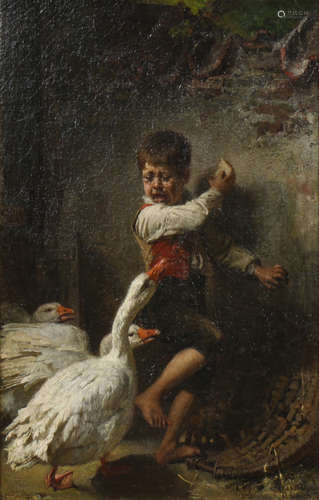 Toby Rosenthal (American/German, 1848-1917), Untitled (Boy Feeding Geese), oil on canvas, signed and