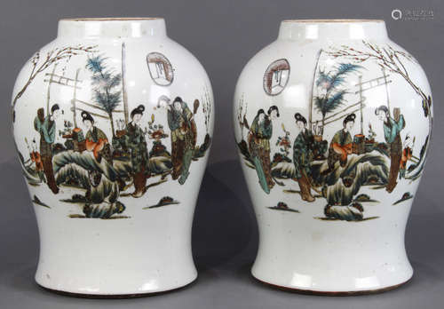 Pair of Chinese porcelain jars, the tapering ovoid body decorated with beauties in a garden,