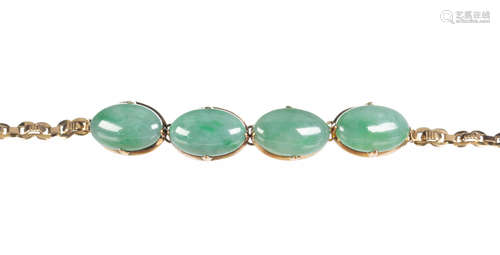 Jadeite and 14k yellow gold bracelet Featuring (4) jadeite cabochons, measuring approximately 17 X