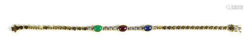 Sapphire, ruby, emerald, diamond and 14k yellow gold bracelet Featuring (3) oval emerald, ruby and