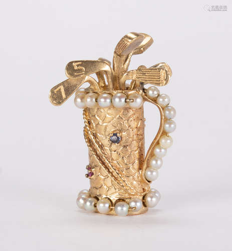 Cultured pearl, sapphire and 14k yellow gold golf bag charm Designed as a golf bag, accented by