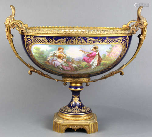 French Sevres style bronze mounted centerpiece, each side with a central reserve, one depicting a