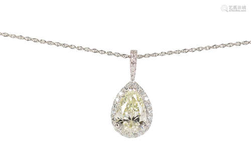 Diamond and platinum pendant-necklace Featuring (1) pear-cut diamond, weighing 4.00 cts.,