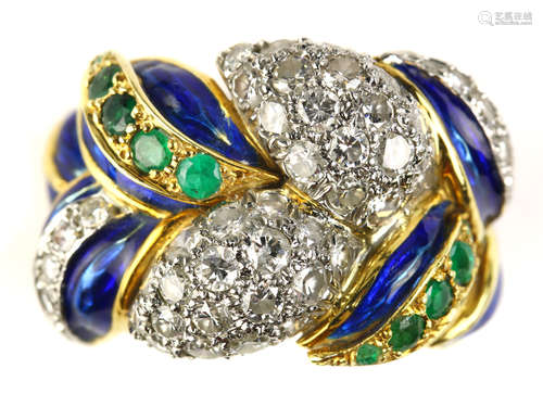 Diamond, emerald, enamel and 18k yellow gold ring Designed in a braided motif, accented by (10)