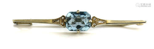 Aquamarine, diamond and 14k white gold bar brooch Featuring (1) French-cut aquamarine, weighing