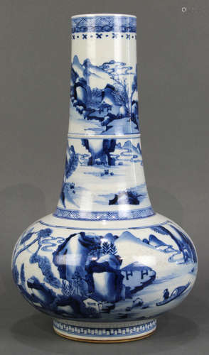 Chinese underglaze blue porcelain stickneck vase, the cylindrical neck with two registers