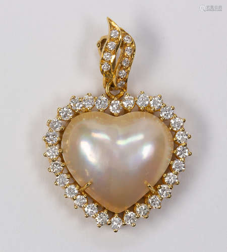 Mabe cultured pearl, diamond, mother-of-pearl and 18k yellow gold heart pendant-enhancer