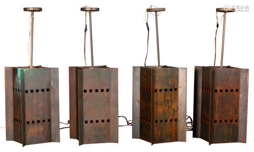 (lot of 4) Philip Thornton Marye oxidized copper and glass pendant lamps from a railway station,