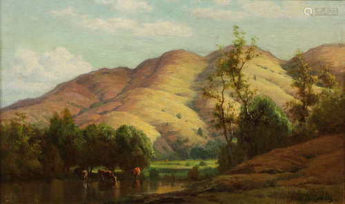 Gordon Coutts (American, 1868-1937), Cows Watering by a Stream in the Foothills, oil on canvas,