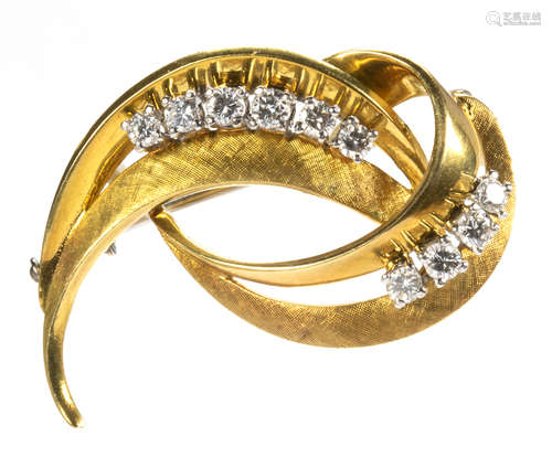 Diamond and 18k yellow gold brooch Featuring (10) full-cut diamonds, weighing a total of