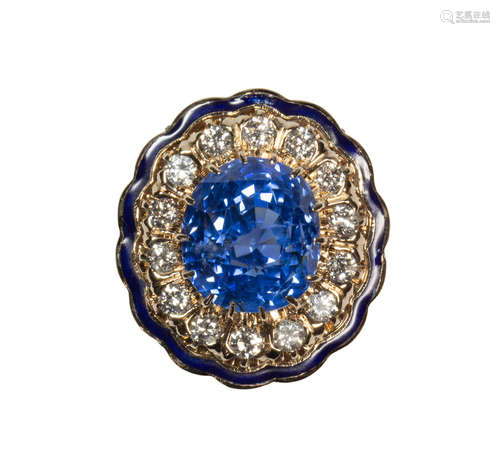 Sapphire, diamond, enamel and 14k yellow gold ring Centering (1) oval-cut sapphire, weighing 9.97