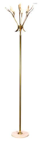 Arredoluce floor lamp, having six lights each with stylized branch supports, above the tubular brass