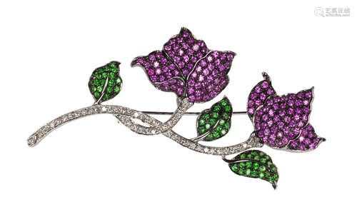 Sapphire, tsavorite, diamond and 14k white gold flower brooch Designed as a flower, featuring (10)