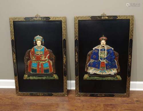 (2) Chinese Celluloid & Wood Ancestor Portraits