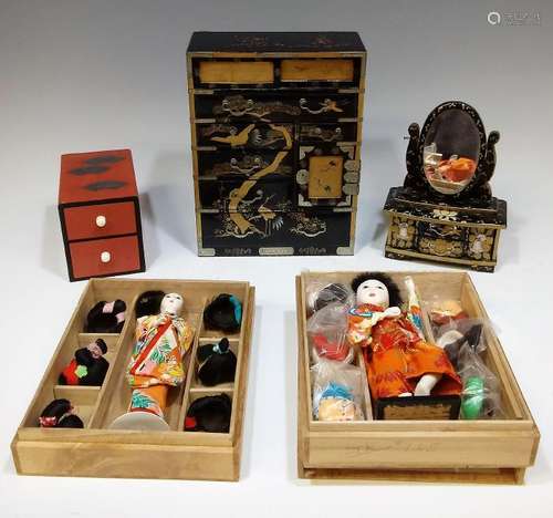 (2) Japanese Hanako Dolls & Lacquer Furniture Lot