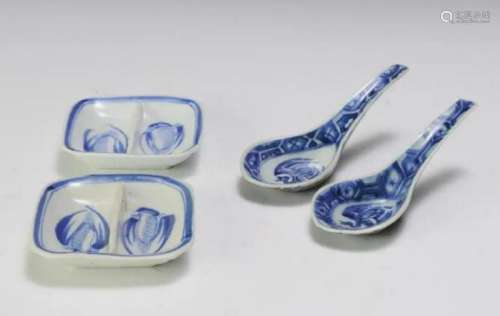 Chinese Blue & White 2 Dishes & 2 Spoons, 19th C