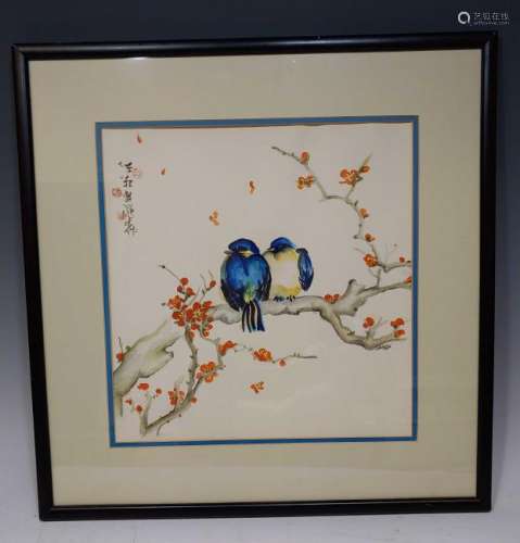 Chinese Painting Bluebirds Signed Sandy
