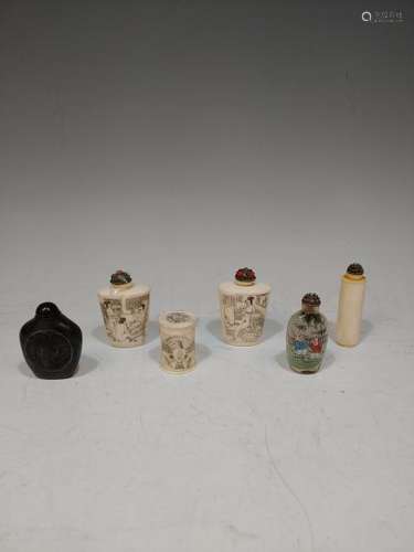 (6) Snuff Bottles Scrimshaw Bone and Painted Glass