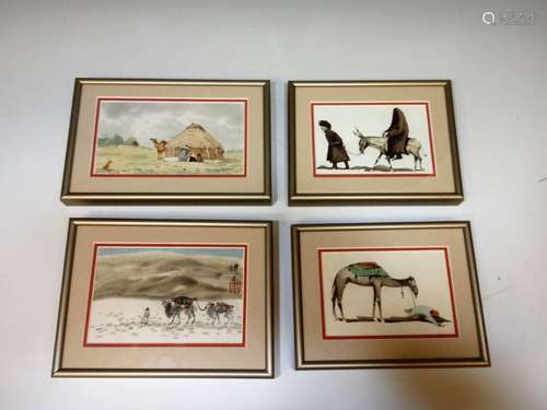 (4) Watercolor Paintings with Camels & Donkeys