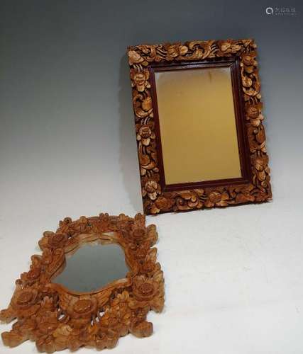 (2) Indonesian Floral Carved Wood Mirrors